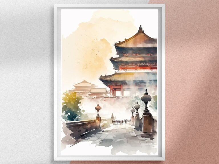 Forbidden City Watercolor Poster, China Wall Art and Printable Digital Prints on Ancient Asian Travel Decor, Great Personalized Gift
