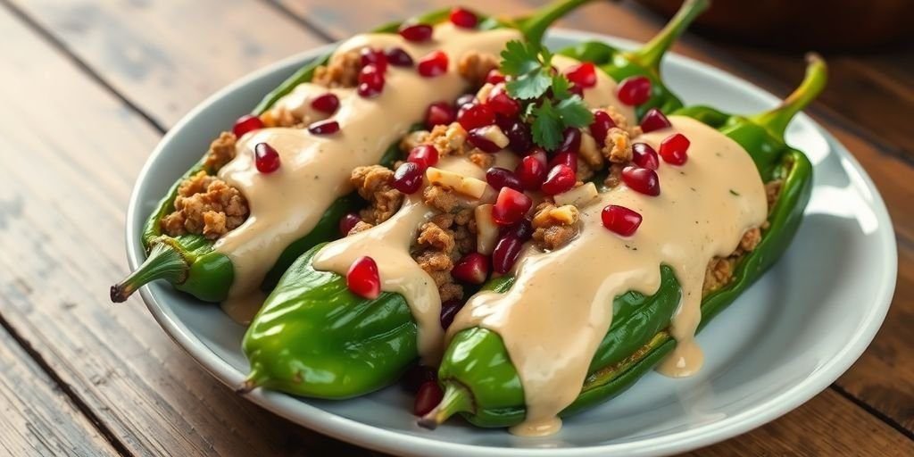 Plate of Chiles En Nogada with pomegranate garnish.