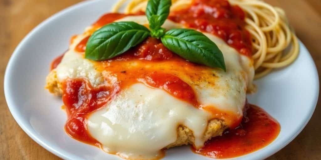 Plate of Chicken Parmesan with spaghetti and basil.