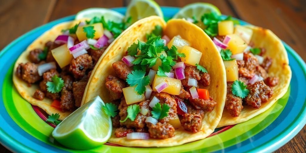 Three tacos al pastor topped with cilantro and pineapple.