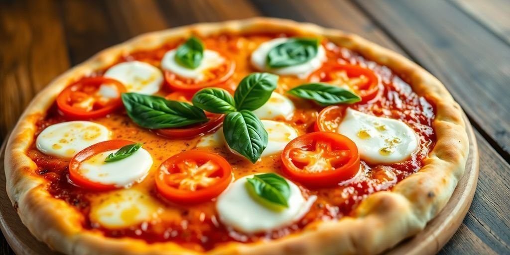 Fresh Margherita pizza with basil and mozzarella cheese.