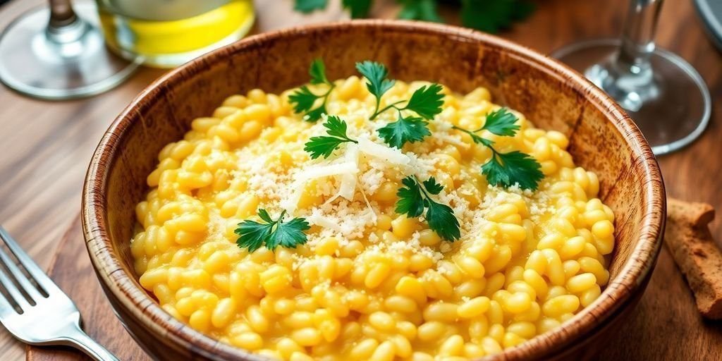 Creamy Risotto alla Milanese in a rustic bowl.