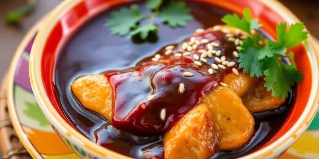 Bowl of mole sauce over chicken, garnished with sesame.