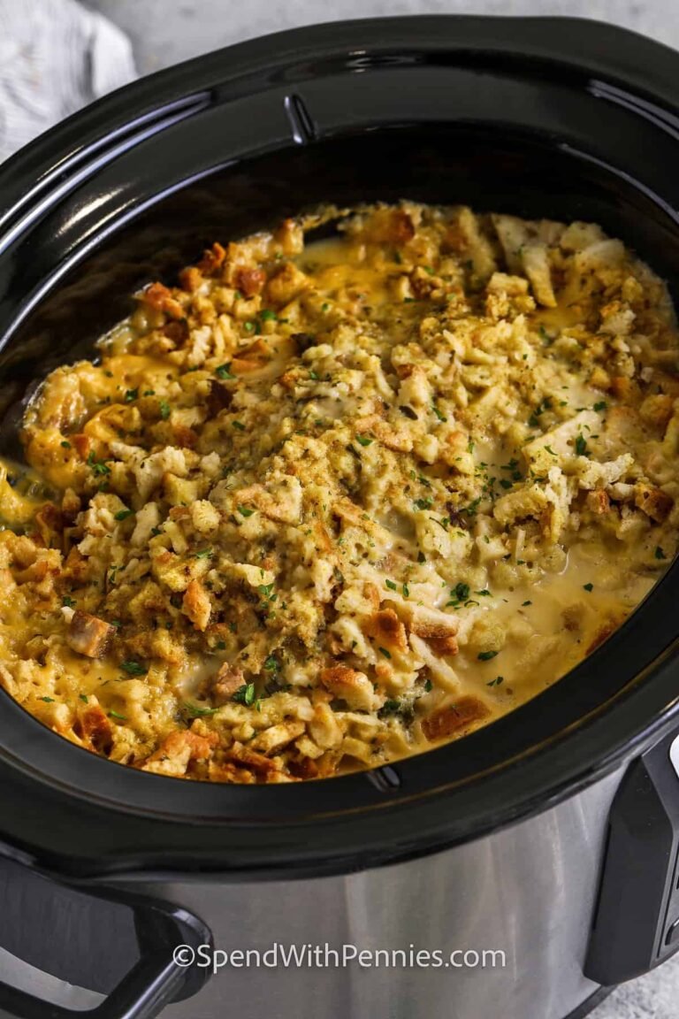 cooked Crockpot Chicken and Stuffing in the crock pot