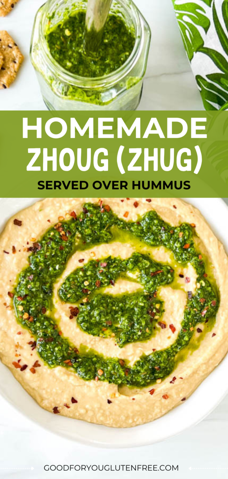 Homemade Spicy Cilantro Sauce (Zhoug) with Hummus