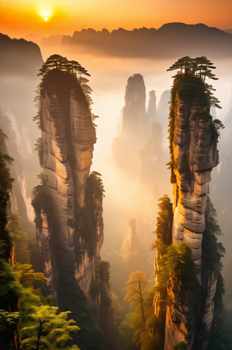 Zhangjiajie Sunrise: 8K... - Golden Sunrise at Zhangjiajie: 8K Sandstone Peaks and...