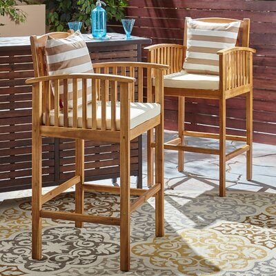 Winston Porter Mullinax 30" Patio Bar Stool 45.75 H x 24.0 W x 24.0 D in brownWood in Natural Frame Cream Cushion | 45.75" H X 24" W X 24" D | Wayfair