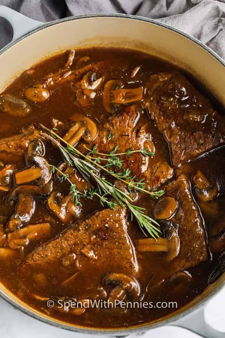 Round Steak and Mushrooms in a pot with gravy