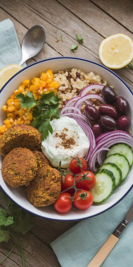 Mediterranean Vegan Bowl with Falafel and Tzatziki