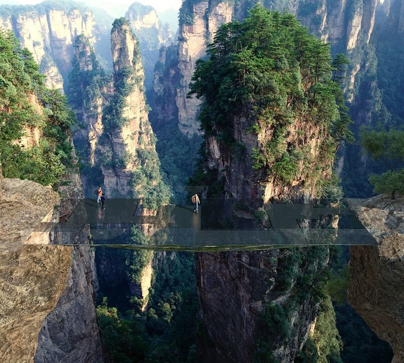 martin duplantier's sky-high mirrored lookouts connect sandstone pillars in china