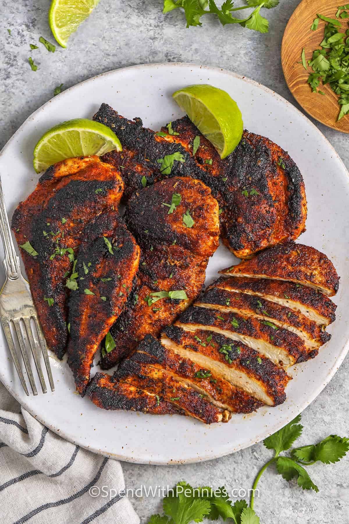 plate of Blackened Chicken with one piece sliced