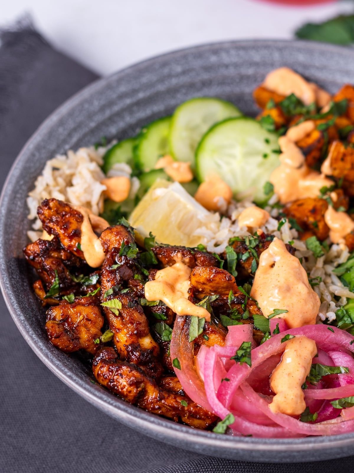 Honey Harissa Chicken Bowls with harissa aioli