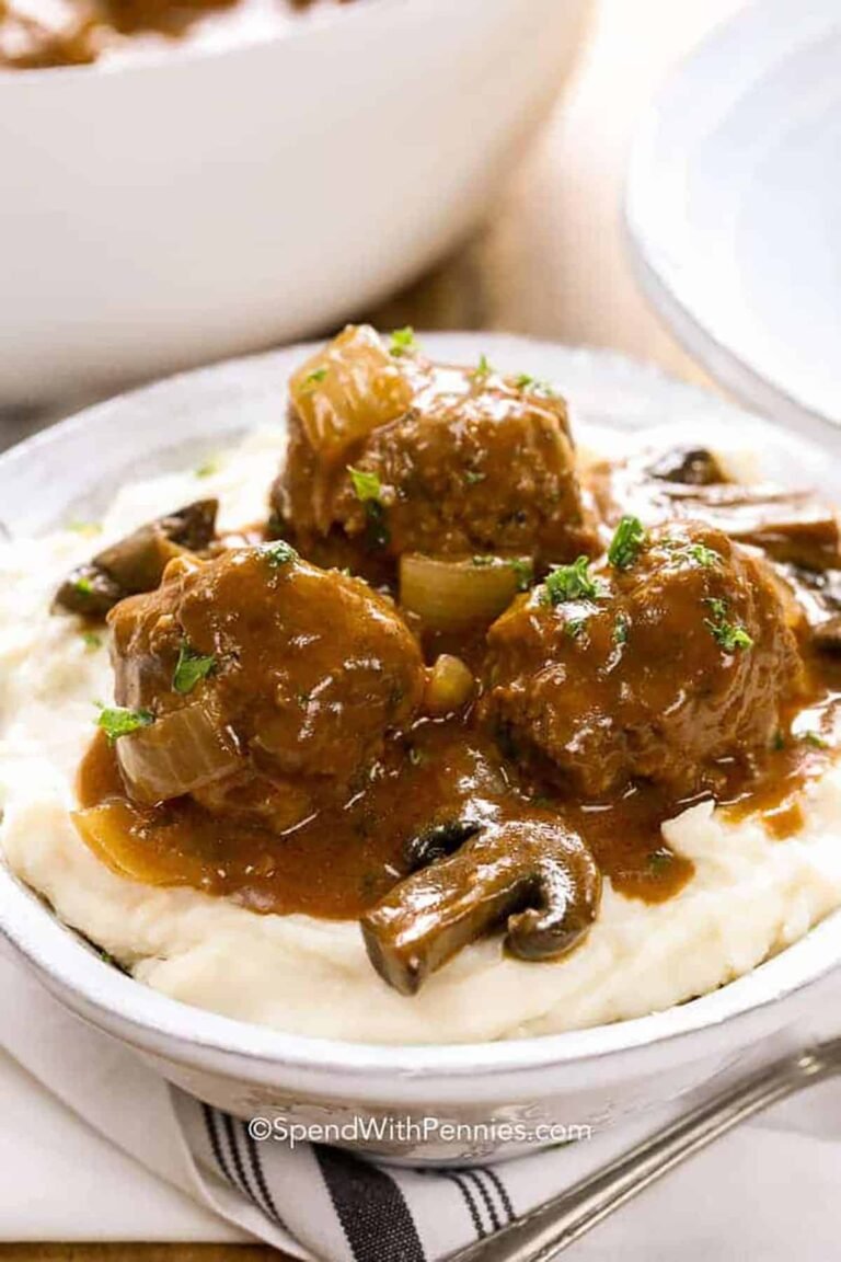mashed potatoes with Salisbury Steak Meatballs