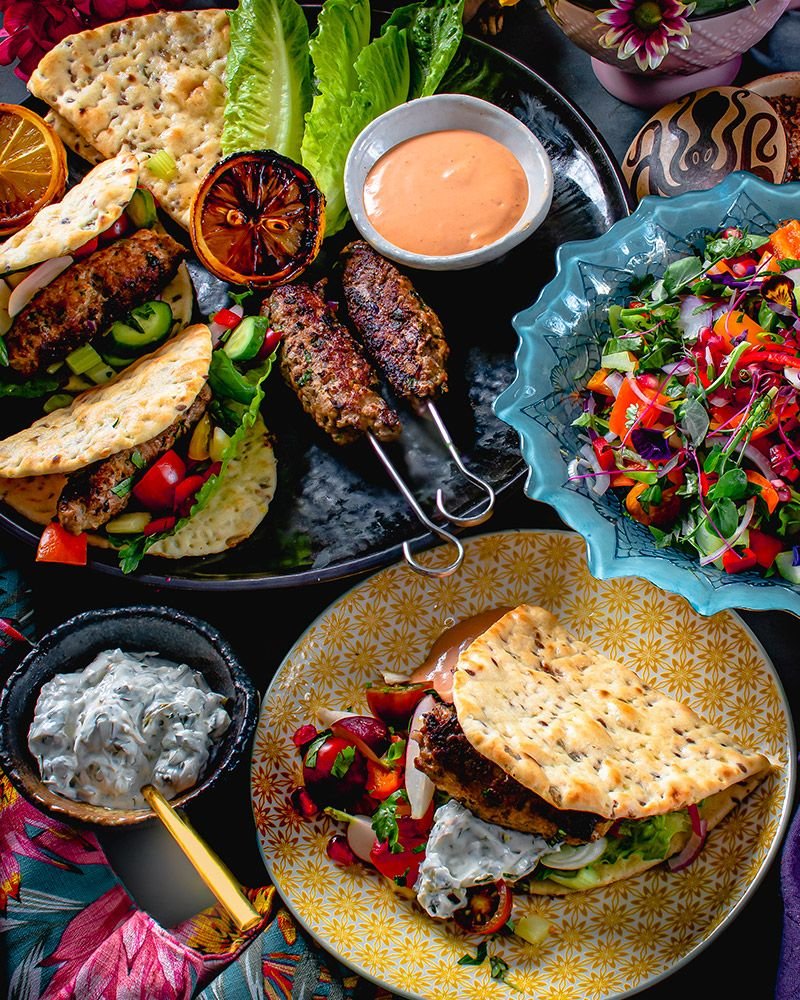 Kofta-Style Harrisa Kebabs, Fattoush Salad, Flatbread and Harrisa Mayonnaise - Spanish Passion Foods & Wines