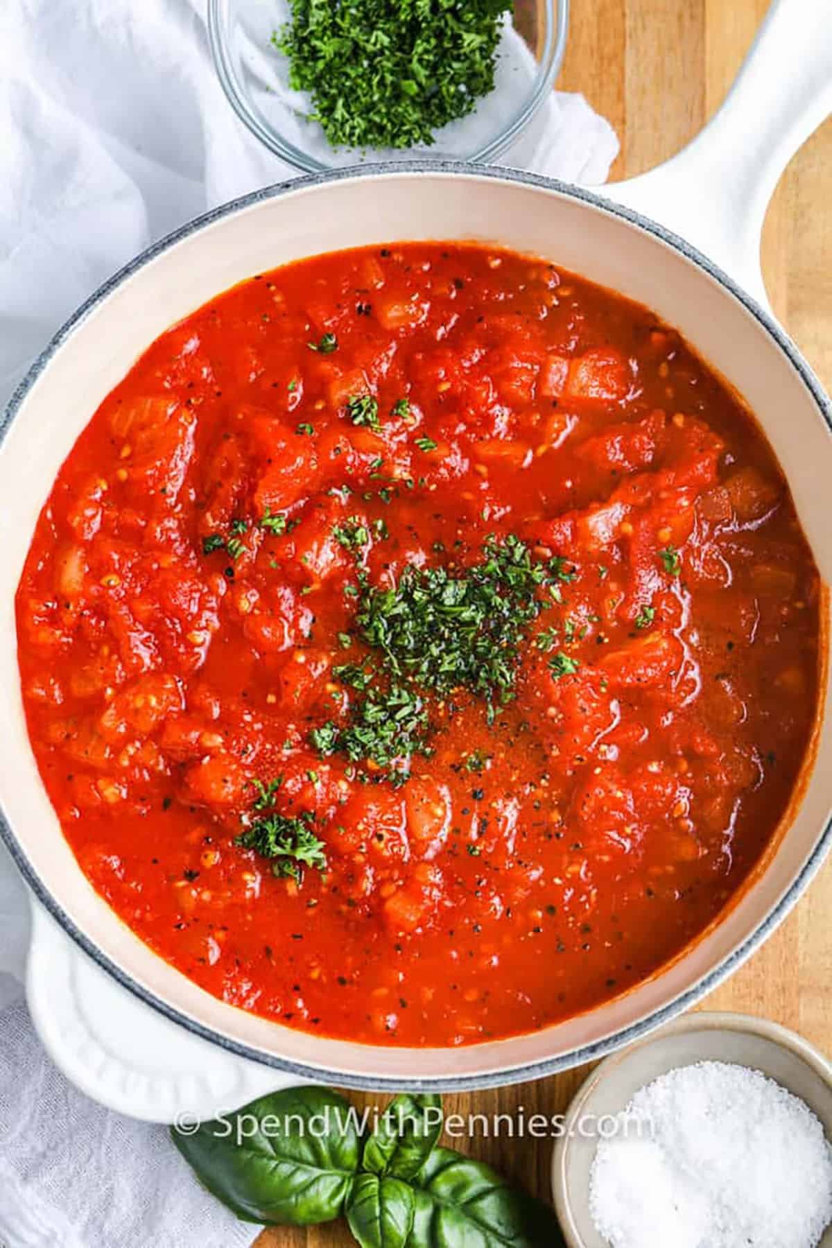 pot of Tomato Sauce with parsley