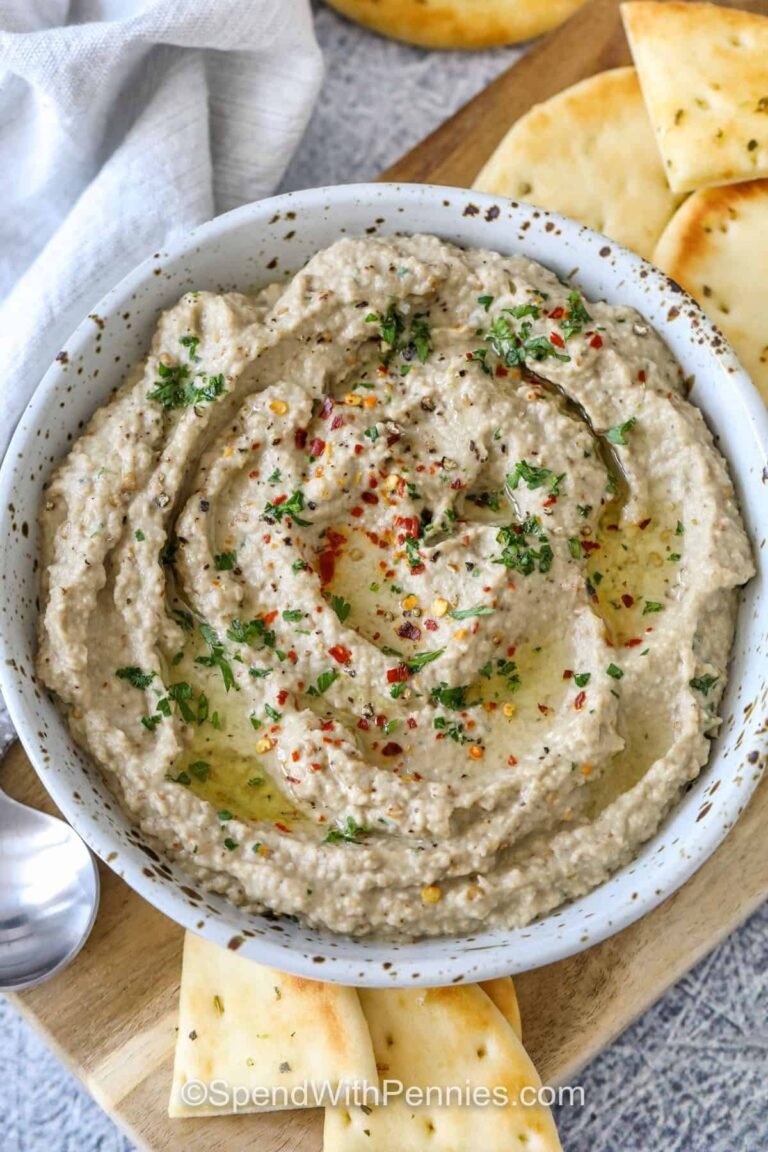 top view of plated Easy Baba Ganoush with pita bread