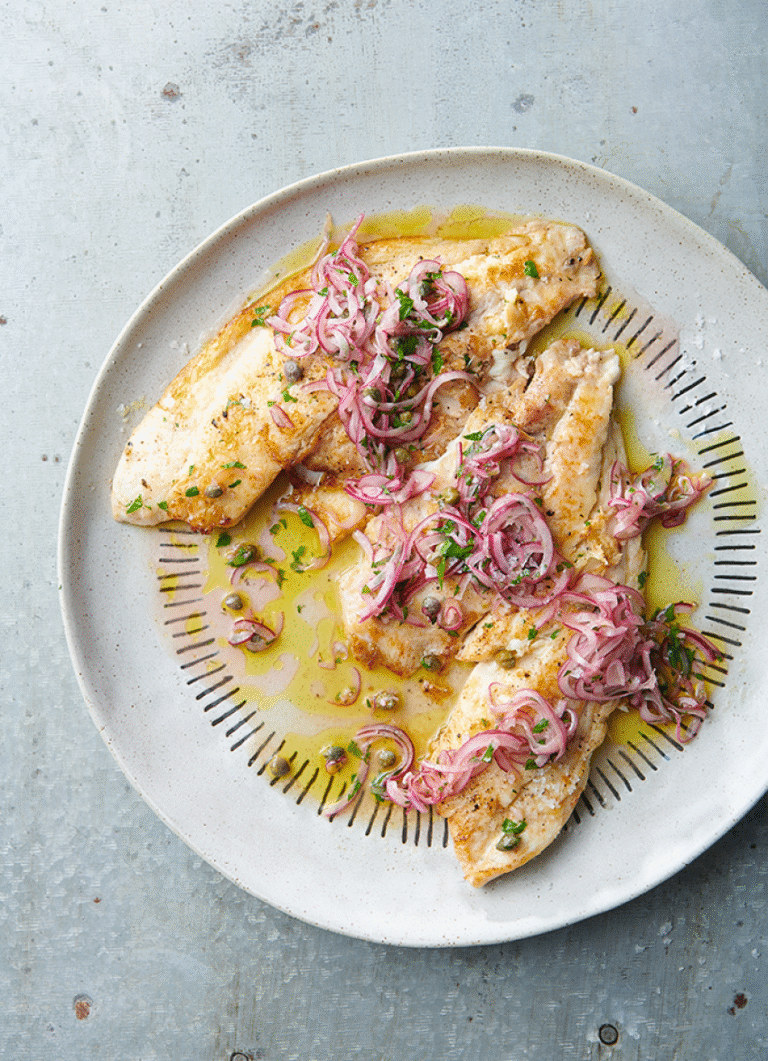 Grilled Fish with Caper and Red Onion Dressing | dish