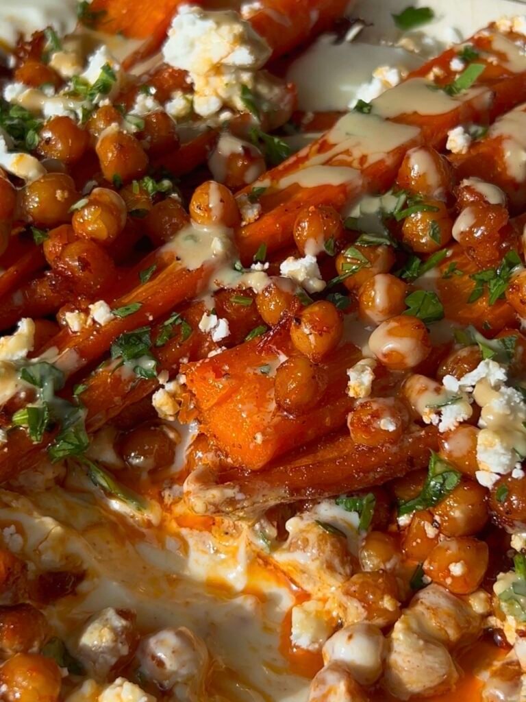 Harissa Roasted Carrots + Chickpeas with Feta
