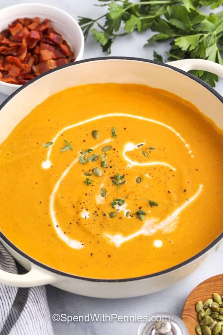 close up of creamy Pumpkin Soup in the pot
