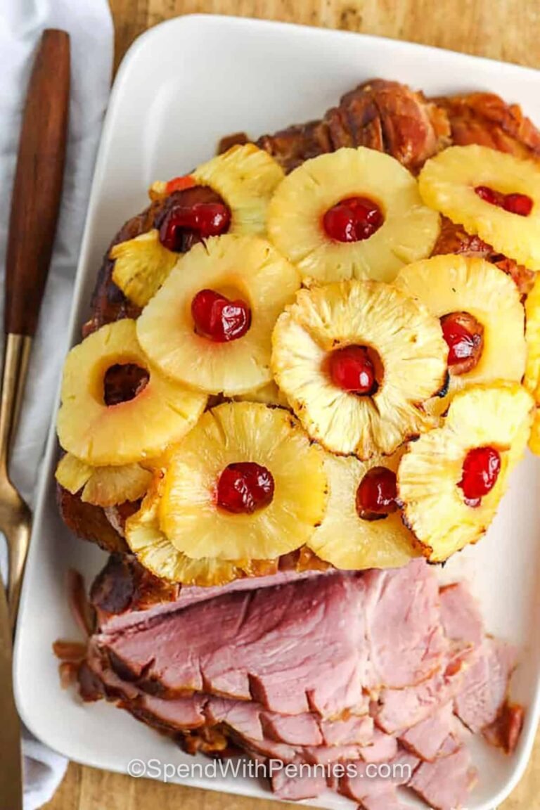 top view of plated Pineapple Glazed Ham with slices cut out