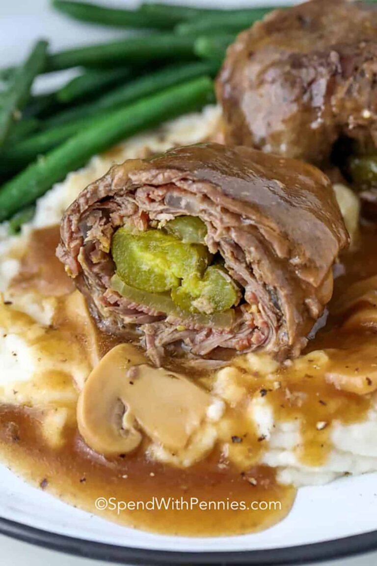 plated Beef Rouladen on mashed potatoes