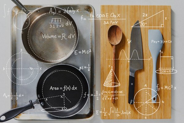 Various random mathematical diagrams and formulas overlaid on an image of cooking tools.