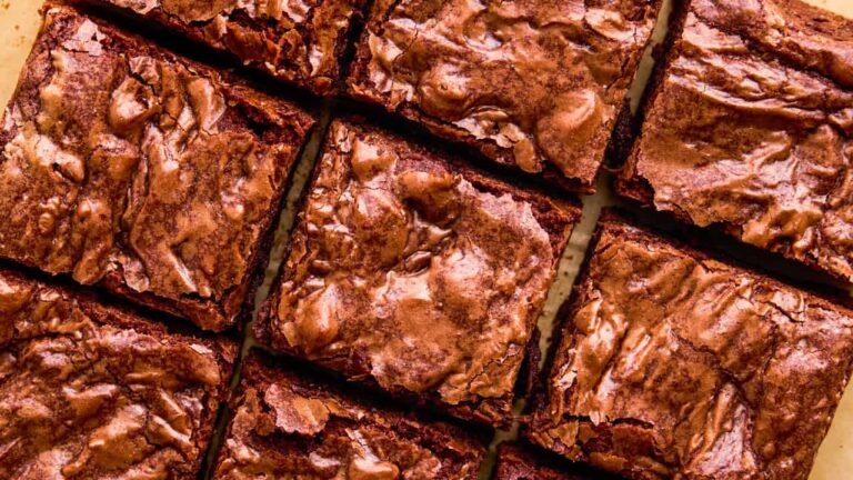 Overhead image of The Best Brownie Recipe Ever cut into perfect square pieces.