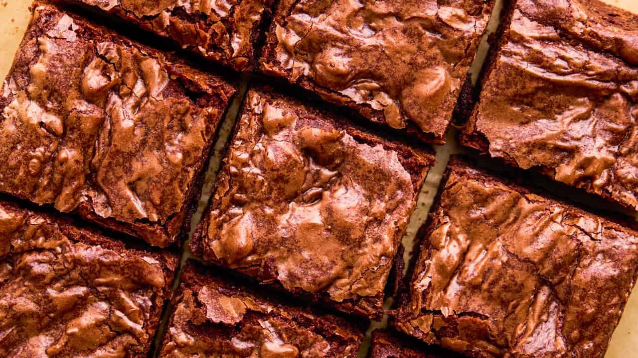 Overhead image of The Best Brownie Recipe Ever cut into perfect square pieces.
