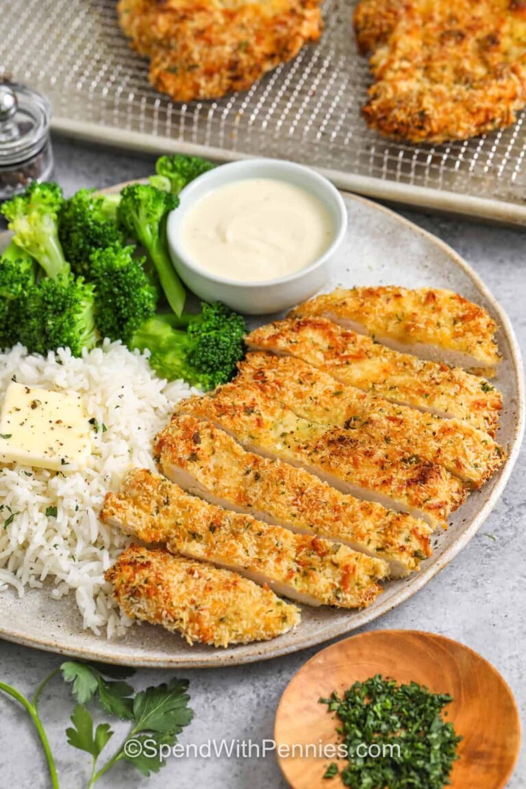 sliced Crispy Parmesan Crusted Chicken on a plate