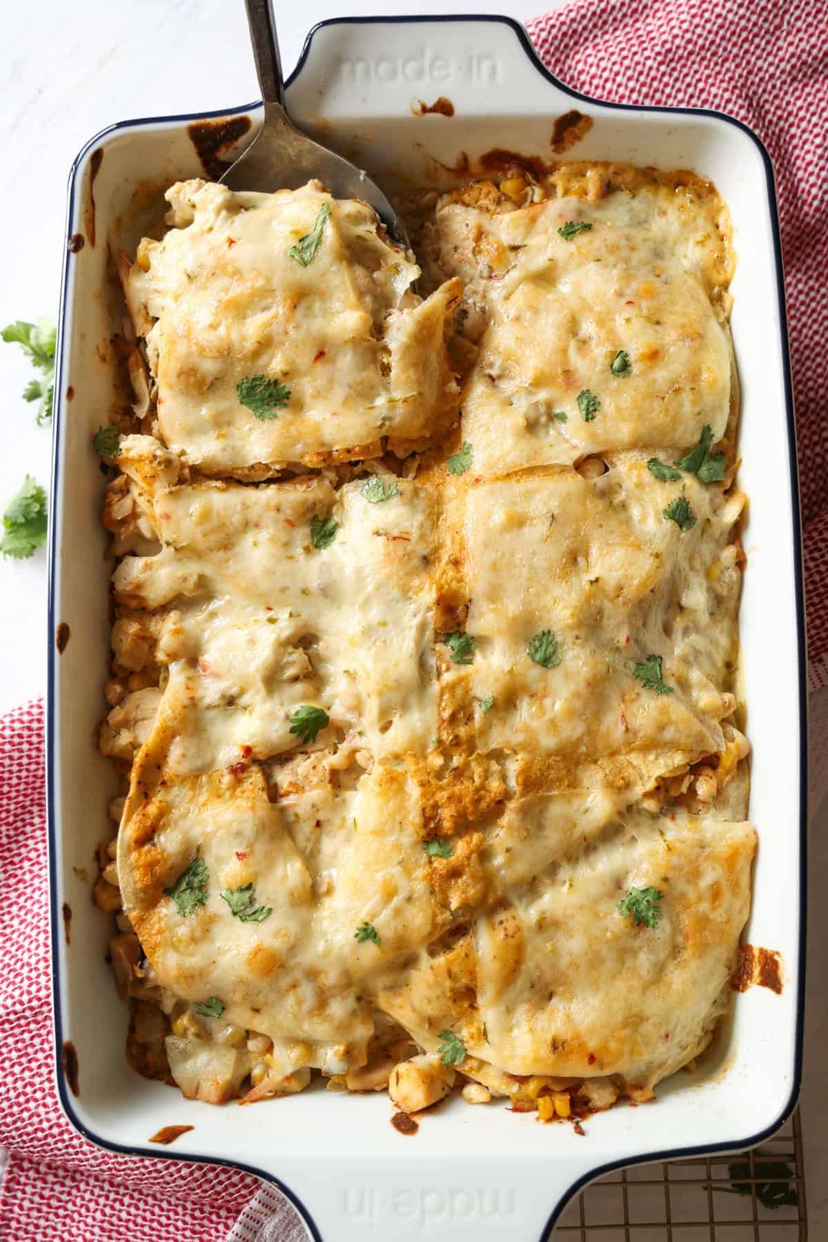 Chicken Enchilada casserole baked in a 9x13 baking dish.